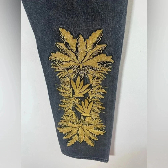 Vintage AKOO Faded Distressed Black Gold Jeans Embroidered Leaf‎ Detail 36 0011 - Picture 5 of 13